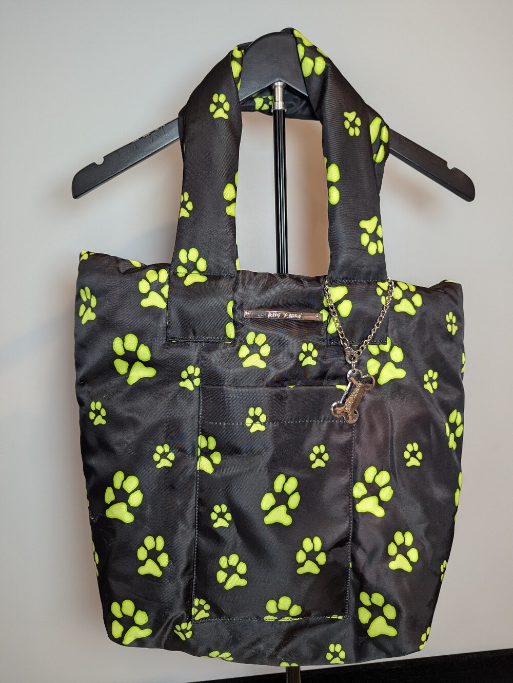 Betsey Johnson Neon Green Black Nylon Paw Print Inner Pockets Soft Tote Handbag